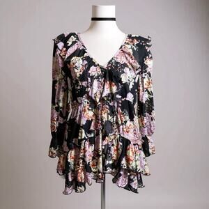 Boston Proper Ruffle Blouse Medium Purple Pink Floral Button Front L/S Fairy
